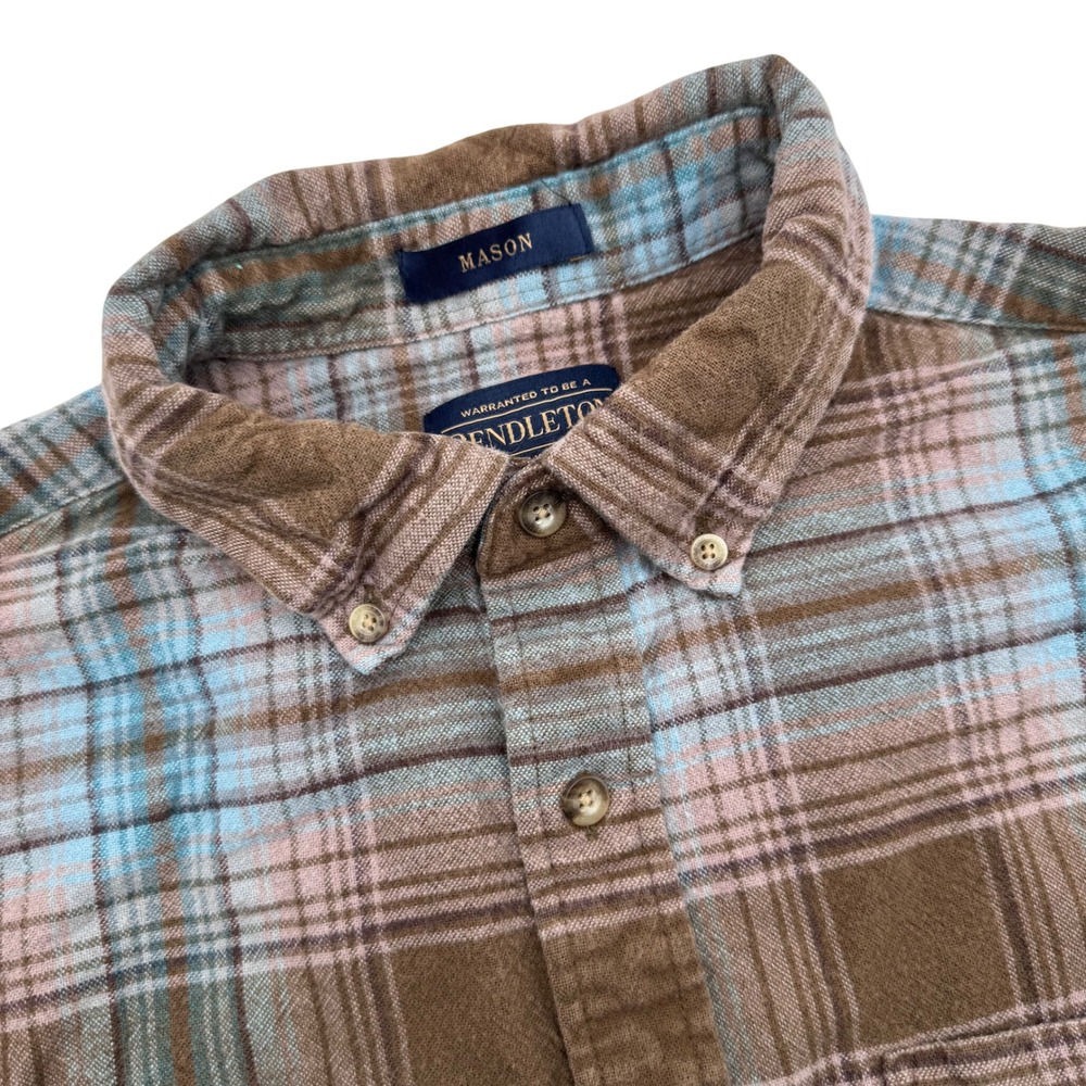 Pendleton Mason Flannel Shirt Men Large Brown Blue Plaid Button Down L/S Mason
